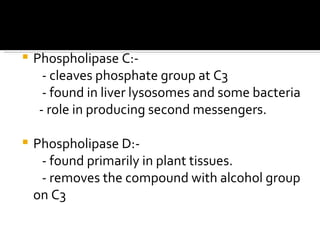 Phospholipase C:- - cleaves phosphate group at C3 - found in liver lysosomes and some bacteria - role in producing second messengers. Phospholipase D:- - found primarily in plant tissues. - removes the compound with alcohol group on C3 