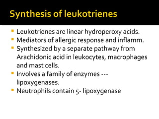 Leukotrienes are linear hydroperoxy acids. Mediators of allergic response and inflamm. Synthesized by a separate pathway from Arachidonic acid in leukocytes, macrophages and mast cells. Involves a family of enzymes --- lipoxygenases. Neutrophils contain 5- lipoxygenase 