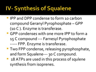 IPP and DPP condense to form 10 carbon compound Geranyl Pyrophosphate – GPP  (10 C ). Enzyme is transferase.  GPP condenses with one more IPP to form a 15 C compound --- Farnesyl Pyrophosphate ----- FPP. Enzyme is transferase. Two FPP condense, releasing pyrophosphate, and form Squalene--- 30 C compound. 18 ATPs are used in this process of squlene synthesis from isoprenes. 