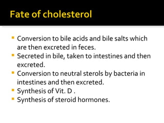 Conversion to bile acids and bile salts which are then excreted in feces. Secreted in bile, taken to intestines and then excreted. Conversion to neutral sterols by bacteria in intestines and then excreted. Synthesis of Vit. D . Synthesis of steroid hormones. 