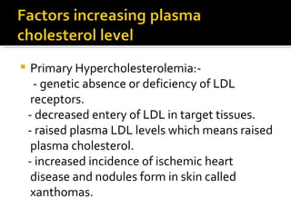 Primary Hypercholesterolemia:- - genetic absence or deficiency of LDL receptors. - decreased entery of LDL in target tissues. - raised plasma LDL levels which means raised plasma cholesterol. - increased incidence of ischemic heart disease and nodules form in skin called xanthomas. 