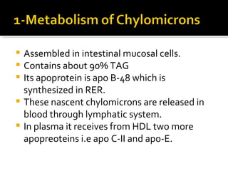 Assembled in intestinal mucosal cells. Contains about 90% TAG Its apoprotein is apo B-48 which is synthesized in RER. These nascent chylomicrons are released in blood through lymphatic system. In plasma it receives from HDL two more apopreoteins i.e apo C-II and apo-E. 