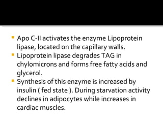 Apo C-II activates the enzyme Lipoprotein lipase, located on the capillary walls. Lipoprotein lipase degrades TAG in chylomicrons and forms free fatty acids and glycerol. Synthesis of this enzyme is increased by insulin ( fed state ). During starvation activity declines in adipocytes while increases in cardiac muscles. 