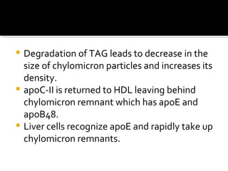 Degradation of TAG leads to decrease in the size of chylomicron particles and increases its density. apoC-II is returned to HDL leaving behind chylomicron remnant which has apoE and apoB48. Liver cells recognize apoE and rapidly take up chylomicron remnants. 