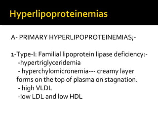A- PRIMARY HYPERLIPOPROTEINEMIAS;- 1-Type-I: Familial lipoprotein lipase deficiency:- -hypertriglyceridemia  - hyperchylomicronemia--- creamy layer forms on the top of plasma on stagnation. - high VLDL -low LDL and low HDL 