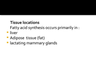 Tissue locations Fatty acid synthesis occurs primarily in :  liver  Adipose  tissue (fat)  lactating mammary glands 