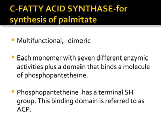 Multifunctional,  dimeric Each monomer with seven different enzymic activities plus a domain that binds a molecule of phosphopantetheine. Phosphopantetheine  has a terminal SH group. This binding domain is referred to as ACP. 