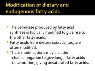 The palmitate produced by fatty acid synthase is typically modified to give rise to the other fatty acids.  Fatty acids from dietary sources, too, are often modified.  These modifications may include:  -chain elongation to give longer fatty acids  -desaturation, giving unsaturated fatty acids.  