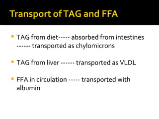 TAG from diet----- absorbed from intestines ------ transported as chylomicrons TAG from liver ------ transported as VLDL FFA in circulation ----- transported with albumin 