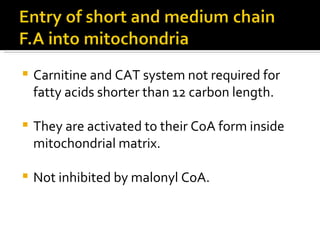 Carnitine and CAT system not required for fatty acids shorter than 12 carbon length. They are activated to their CoA form inside mitochondrial matrix. Not inhibited by malonyl CoA. 