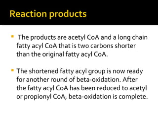The products are acetyl CoA and a long chain fatty acyl CoA that is two carbons shorter than the original fatty acyl CoA.  The shortened fatty acyl group is now ready for another round of beta-oxidation. After the fatty acyl CoA has been reduced to acetyl or propionyl CoA, beta-oxidation is complete.  