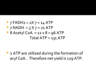 7 FADH2 = 2X 7 = 14 ATP 7 NADH  = 3 X 7 = 21 ATP 8 Acetyl CoA  = 12 x 8 = 96 ATP Total ATP = 131 ATP 2 ATP are utilized during the formation of acyl CoA .  Therefore net yield is 129 ATP. 