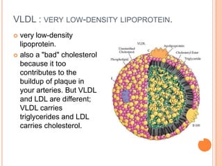 VLDL : VERY LOW-DENSITY LIPOPROTEIN.
 very low-density
lipoprotein.
 also a "bad" cholesterol
because it too
contributes to the
buildup of plaque in
your arteries. But VLDL
and LDL are different;
VLDL carries
triglycerides and LDL
carries cholesterol.
 
