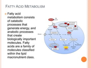 FATTY ACID METABOLISM
 Fatty acid
metabolism consists
of catabolic
processes that
generate energy, and
anabolic processes
that create
biologically important
molecules. Fatty
acids are a family of
molecules classified
within the lipid
macronutrient class.
 