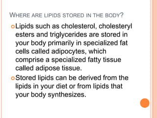 WHERE ARE LIPIDS STORED IN THE BODY?
Lipids such as cholesterol, cholesteryl
esters and triglycerides are stored in
your body primarily in specialized fat
cells called adipocytes, which
comprise a specialized fatty tissue
called adipose tissue.
Stored lipids can be derived from the
lipids in your diet or from lipids that
your body synthesizes.
 