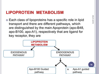 LIPOPROTEIN METABOLISM
 Each class of lipoproteins has a specific role in lipid
transport and there are different pathways, which
are distinguished by the main Apoprotein (apo-B48,
apo-B100, apo-A1), respectively that are ligand for
key receptor, they are
LIPOPROTEIN
METABOLISM
EXOGENOUS
PATHWAY
ENDOGENOUS
PATHWAY
Apo-B100 Guided
pathway
a. Apo-A1 guided
pathway
05-01-2016
16
 