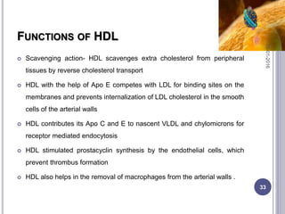 FUNCTIONS OF HDL
 Scavenging action- HDL scavenges extra cholesterol from peripheral
tissues by reverse cholesterol transport
 HDL with the help of Apo E competes with LDL for binding sites on the
membranes and prevents internalization of LDL cholesterol in the smooth
cells of the arterial walls
 HDL contributes its Apo C and E to nascent VLDL and chylomicrons for
receptor mediated endocytosis
 HDL stimulated prostacyclin synthesis by the endothelial cells, which
prevent thrombus formation
 HDL also helps in the removal of macrophages from the arterial walls .
05-01-2016
33
 
