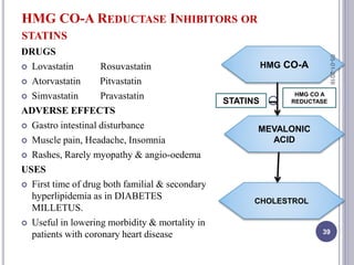 HMG CO-A REDUCTASE INHIBITORS OR
STATINS
DRUGS
 Lovastatin Rosuvastatin
 Atorvastatin Pitvastatin
 Simvastatin Pravastatin
ADVERSE EFFECTS
 Gastro intestinal disturbance
 Muscle pain, Headache, Insomnia
 Rashes, Rarely myopathy & angio-oedema
USES
 First time of drug both familial & secondary
hyperlipidemia as in DIABETES
MILLETUS.
 Useful in lowering morbidity & mortality in
patients with coronary heart disease
HMG CO-A
MEVALONIC
ACID
CHOLESTROL
STATINS
HMG CO A
REDUCTASE
05-01-2016
39
 