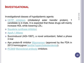 INVESTIGATIONAL
Investigational classes of hypolipidemic agents:
 CETP inhibitors (cholesteryl ester transfer protein), 1
candidate is in trials. It is expected that these drugs will mainly
increase HDL while lowering LDL;
 Squalene synthase inhibitor;
 ApoA-1 Milano
 Succinobucol (AGI-1067), a novel antioxidant, failed a phase
3 trial
 Apo protein-B inhibitor Mipomersen (approved by the FDA in
2013 homozygous familial hypercholesterolemia).
 PCSK9 Monoclonal antibody inhibitors
05-01-2016
45
 