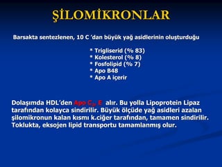 ŞİLOMİKRONLAR
Barsakta sentezlenen, 10 C ’dan büyük yağ asidlerinin oluşturduğu
* Trigliserid (% 83)
* Kolesterol (% 8)
* Fosfolipid (% 7)
* Apo B48
* Apo A içerir

Dolaşımda HDL’den Apo C2, E alır. Bu yolla Lipoprotein Lipaz
tarafından kolayca sindirilir. Büyük ölçüde yağ asidleri azalan
şilomikronun kalan kısmı k.ciğer tarafından, tamamen sindirilir.
Toklukta, eksojen lipid transportu tamamlanmış olur.

 