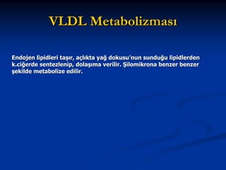 VLDL Metabolizması
Endojen lipidleri taşır, açlıkta yağ dokusu’nun sunduğu lipidlerden
k.ciğerde sentezlenip, dolaşıma verilir. Şilomikrona benzer benzer
şekilde metabolize edilir.

 