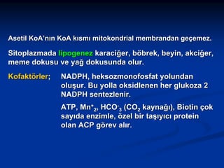 Asetil KoA’nın KoA kısmı mitokondrial membrandan geçemez.

Sitoplazmada lipogenez karaciğer, böbrek, beyin, akciğer,
meme dokusu ve yağ dokusunda olur.
Kofaktörler;

NADPH, heksozmonofosfat yolundan
oluşur. Bu yolla oksidlenen her glukoza 2
NADPH sentezlenir.
ATP, Mn+2, HCO-3 (CO2 kaynağı), Biotin çok
sayıda enzimle, özel bir taşıyıcı protein
olan ACP görev alır.

 