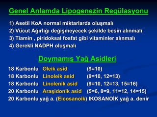 Genel Anlamda Lipogenezin Regülasyonu
1) Asetil KoA normal miktarlarda oluşmalı
2) Vücut Ağırlığı değişmeyecek şekilde besin alınmalı
3) Tiamin , piridoksal fosfat gibi vitaminler alınmalı
4) Gerekli NADPH oluşmalı

Doymamış Yağ Asidleri
18 Karbonlu Oleik asid
(9=10)
18 Karbonlu Linoleik asid
(9=10, 12=13)
18 Karbonlu Linolenik asid
(9=10, 12=13, 15=16)
20 Karbonlu Araşidonik asid (5=6, 8=9, 11=12, 14=15)
20 Karbonlu yağ a. (Eicosanoik) IKOSANOİK yağ a. denir

 