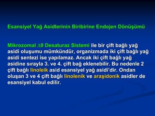 Esansiyel Yağ Asidlerinin Biribirine Endojen Dönüşümü
Mikrozomal Δ9 Desaturaz Sistemi ile bir çift bağlı yağ
asidi oluşumu mümkündür, organizmada iki çift bağlı yağ
asidi sentezi ise yapılamaz. Ancak iki çift bağlı yağ
asidine sırayla 3. ve 4. çift bağ eklenebilir. Bu nedenle 2
çift bağlı linoleik asid esansiyel yağ asidi’dir. Ondan
oluşan 3 ve 4 çift bağlı linolenik ve araşidonik asidler de
esansiyel kabul edilir.

 