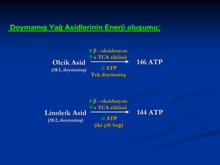 Doymamış Yağ Asidlerinin Enerji oluşumu;

Oleik Asid
(18:1, doymamış)

Linoleik Asid
(18:2, doymamış)

8 β - oksidasyon
9 x TCA siklüsü
-2 ATP
Tek doymamış

8 β - oksidasyon
9 x TCA siklüsü
-4 ATP
(iki çift bağ)

146 ATP

144 ATP

 
