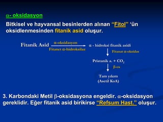 α- oksidasyon
Bitkisel ve hayvansal besinlerden alınan “Fitol” ‘ün
oksidlenmesinden fitanik asid oluşur.
Fitanik Asid

α-oksidasyon

Fitanet α-hidroksilaz

α - hidroksi fitanik asidi
Fitanat α-oksidas

Pristanik a. + CO2
β-ox

Tam yıkım
(Asetil KoA)

3. Karbondaki Metil β-oksidasyona engeldir. α-oksidasyon
gereklidir. Eğer fitanik asid birikirse “Refsum Hast.” oluşur.

 