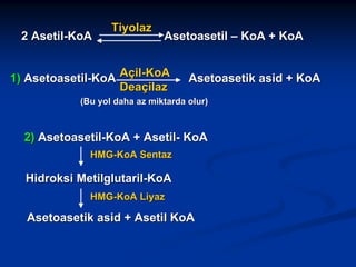 2 Asetil-KoA

Tiyolaz

Asetoasetil – KoA + KoA

1) Asetoasetil-KoA Açil-KoA
Deaçilaz

Asetoasetik asid + KoA

(Bu yol daha az miktarda olur)

2) Asetoasetil-KoA + Asetil- KoA
HMG-KoA Sentaz

Hidroksi Metilglutaril-KoA
HMG-KoA Liyaz

Asetoasetik asid + Asetil KoA

 