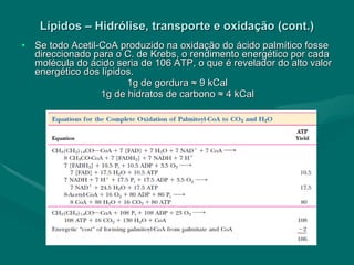 Lípidos – Hidrólise, transporte e oxidação (cont.) Se todo Acetil-CoA produzido na  oxidação do ácido palmítico fosse direccionado para o C. de Krebs, o rendimento energético por cada molécula do ácido seria de 106 ATP, o que é revelador do alto valor energético dos lípidos. 1g de gordura ≈ 9 kCal 1g de hidratos de carbono ≈ 4 kCal 
