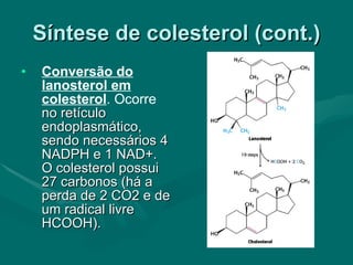 Síntese de colesterol (cont.) Conversão do lanosterol em colesterol . Ocorre  no retículo endoplasmático, sendo necessários 4 NADPH e 1 NAD+. O colesterol possui 27 carbonos (há a perda de 2 CO2 e de um radical livre HCOOH). 