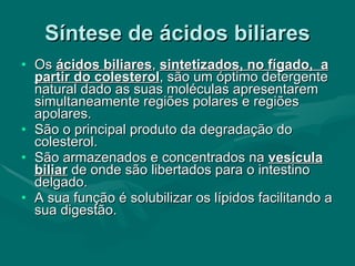 Síntese de ácidos biliares Os  ácidos biliares ,  sintetizados, no fígado,  a partir do colesterol , são um óptimo detergente natural dado as suas moléculas apresentarem simultaneamente regiões polares e regiões apolares. São o principal produto da degradação do colesterol. São armazenados e concentrados na  vesícula biliar  de onde são libertados para o intestino delgado. A sua função é solubilizar os lípidos facilitando a sua digestão. 