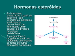 Hormonas esteróides As hormonas, sintetizadas a partir do colesterol, são importantes moléculas sinalizadoras (transmissão de informação entre células) de diversos processos metabólicos. A pregenelona e progesterona são as moléculas percursoras de todos os outros esteróides hormonais. 