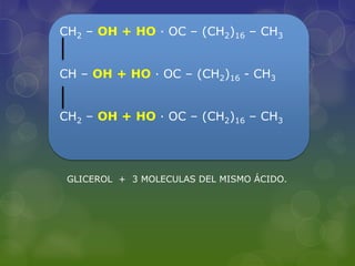 CH2 – OH + HO · OC – (CH2)16 – CH3


CH – OH + HO · OC – (CH2)16 - CH3


CH2 – OH + HO · OC – (CH2)16 – CH3




 GLICEROL + 3 MOLECULAS DEL MISMO ÁCIDO.
 