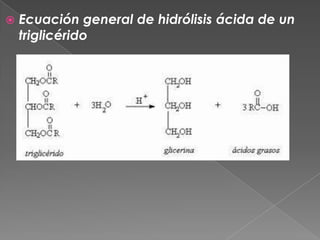   Ecuación general de hidrólisis ácida de un
    triglicérido
 