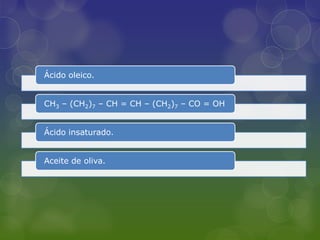 Ácido oleico.


CH3 – (CH2)7 – CH = CH – (CH2)7 – CO = OH


Ácido insaturado.


Aceite de oliva.
 