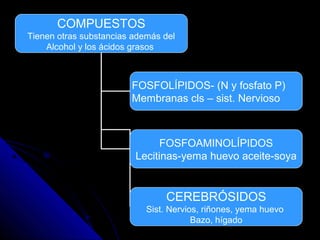 COMPUESTOS
Tienen otras substancias además del
    Alcohol y los ácidos grasos



                        FOSFOLÍPIDOS- (N y fosfato P)
                        Membranas cls – sist. Nervioso



                               FOSFOAMINOLÍPIDOS
                         Lecitinas-yema huevo aceite-soya


                                CEREBRÓSIDOS
                            Sist. Nervios, riñones, yema huevo
                                        Bazo, hígado
 