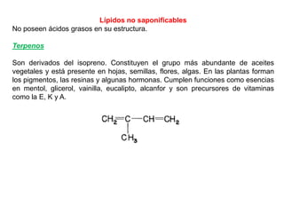 Lípidos no saponificables
No poseen ácidos grasos en su estructura.
Terpenos
Son derivados del isopreno. Constituyen el grupo más abundante de aceites
vegetales y está presente en hojas, semillas, flores, algas. En las plantas forman
los pigmentos, las resinas y algunas hormonas. Cumplen funciones como esencias
en mentol, glicerol, vainilla, eucalipto, alcanfor y son precursores de vitaminas
como la E, K y A.

 