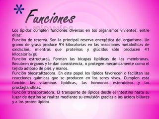 *

Los lípidos cumplen funciones diversas en los organismos vivientes, entre
ellas:
Función de reserva. Son la principal reserva energética del organismo. Un
gramo de grasa produce 9'4 kilocalorías en las reacciones metabólicas de
oxidación, mientras que proteínas y glúcidos sólo producen 4'1
kilocaloría/gr.
Función estructural. Forman las bicapas lipídicas de las membranas.
Recubren órganos y le dan consistencia, o protegen mecánicamente como el
tejido adiposo de pies y manos.
Función biocatalizadora. En este papel los lípidos favorecen o facilitan las
reacciones químicas que se producen en los seres vivos. Cumplen esta
función las vitaminas lipídicas, las hormonas esteroideas y las
prostaglandinas.
Función transportadora. El transporte de lípidos desde el intestino hasta su
lugar de destino se realiza mediante su emulsión gracias a los ácidos biliares
y a los proteo lípidos.

 