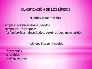 CLASIFICACIÓN DE LOS LÍPIDOS
*Lípidos

saponificables

-simples: acilglicéridosos ,céridos
-complejos: fosfolípidos
, fosfogliceridos, glucolipidos, cerebrosidos, gangliosidos

* Lípidos insaponificables
- terpenoides
- esteroides
- prostaglandinas

 