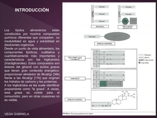 INTRODUCCIÓN

Los
lípidos
alimenticios
están
constituídos por muchos compuestos
químicos diferentes que comparten su
insolubilidad en agua y solubilidad en
disolventes orgánicos.
Desde un punto de vista alimentario, los
componentes lipídicos, cualitativa y
cuantitativamente más importantes y
característicos son los triglicéridos
(triacilgliceroles). Estos compuestos son
ésteres del glicerol con ácidos grasos
que tienen gran contenido energético:
proporcionan alrededor de 9kcal/gr [38k]
frente a las 4kcal/gr [17k] que originan
los hidratos de carbono y las proteínas.
A los triglicéridos se les suele identificar
propiamente como “la grasa”. A veces,
esta grasa es visible para el
consumidor, pero en otras ocasiones no
es visible.

VEGA GABRIELA

 