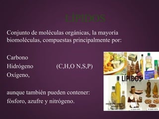 LÍPIDOS
Conjunto de moléculas orgánicas, la mayoría
biomoléculas, compuestas principalmente por:
Carbono
Hidrógeno
Oxígeno,

(C,H,O N,S,P)

aunque también pueden contener:
fósforo, azufre y nitrógeno.

 