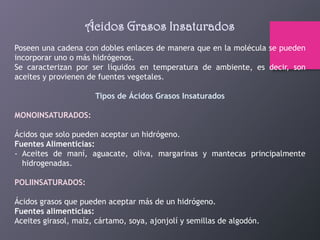Ácidos Grasos Insaturados
Poseen una cadena con dobles enlaces de manera que en la molécula se pueden
incorporar uno o más hidrógenos.
Se caracterizan por ser líquidos en temperatura de ambiente, es decir, son
aceites y provienen de fuentes vegetales.
Tipos de Ácidos Grasos Insaturados
MONOINSATURADOS:
Ácidos que solo pueden aceptar un hidrógeno.
Fuentes Alimenticias:
- Aceites de maní, aguacate, oliva, margarinas y mantecas principalmente
hidrogenadas.
POLIINSATURADOS:
Ácidos grasos que pueden aceptar más de un hidrógeno.
Fuentes alimenticias:
Aceites girasol, maíz, cártamo, soya, ajonjolí y semillas de algodón.

 