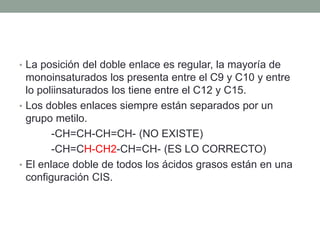 • La posición del doble enlace es regular, la mayoría de
monoinsaturados los presenta entre el C9 y C10 y entre
lo poliinsaturados los tiene entre el C12 y C15.
• Los dobles enlaces siempre están separados por un
grupo metilo.
-CH=CH-CH=CH- (NO EXISTE)
-CH=CH-CH2-CH=CH- (ES LO CORRECTO)
• El enlace doble de todos los ácidos grasos están en una
configuración CIS.
 