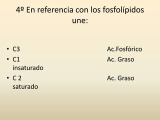 4º En referencia con los fosfolípidos
une:
• C3 Ac.Fosfórico
• C1 Ac. Graso
insaturado
• C 2 Ac. Graso
saturado
 