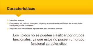 Características
 Insolubles en agua
 Compuestas por carbono, hidrogeno, oxigeno y ocasionalmente por fósforo, (en el caso de los
fosfolípidos) azufre y nitrógeno
 Su poca o nula solubilidad en agua se debe a su estructura principal.
Los lípidos no se pueden clasificar por grupos
funcionales, ya que estos no poseen un grupo
funcional característico
 