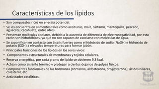 Características de los lípidos
• Son compuestos ricos en energía potencial.
• Se les encuentra en alimentos tales como aceitunas, maíz, cártamo, mantequilla, pescado,
aguacate, cacahuate, entre otros.
• Presentan moléculas apolares, debido a la ausencia de diferencia de electronegatividad, por esta
razón son hidrofóbicos, ya que no son capaces de asociarse con moléculas de agua.
• Se saponifican en contacto con álcalis fuertes como el hidróxido de sodio (NaOH) e hidróxido de
potasio (KOH) a elevadas temperaturas para formar jabón.
• Principales funciones de los lípidos en los seres vivos:
• Componentes estructurales de membranas y tejidos celulares.
• Reserva energética, por cada gramo de lípido se obtienen 9.3 kcal.
• Actúan como aislante térmico y protegen a ciertos órganos de golpes físicos.
• Componentes funcionales de las hormonas (cortisona, aldosterona, progesterona), ácidos biliares,
colesterol, etc.
• Actividades catalíticas.
 