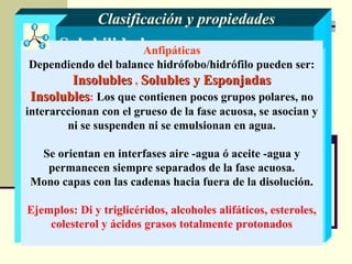 Solubilidad en agua:Anfipáticas
Dependiendo del balance hidrófobo/hidrófilo pueden ser:
InsolublesInsolubles , Solubles y EsponjadasSolubles y Esponjadas
InsolublesInsolubles: Los que contienen pocos grupos polares, no
interarccionan con el grueso de la fase acuosa, se asocian y
ni se suspenden ni se emulsionan en agua.
Se orientan en interfases aire -agua ó aceite -agua y
permanecen siempre separados de la fase acuosa.
Mono capas con las cadenas hacia fuera de la disolución.
Ejemplos: Di y triglicéridos, alcoholes alifáticos, esteroles,
colesterol y ácidos grasos totalmente protonados
Clasificación y propiedades
 